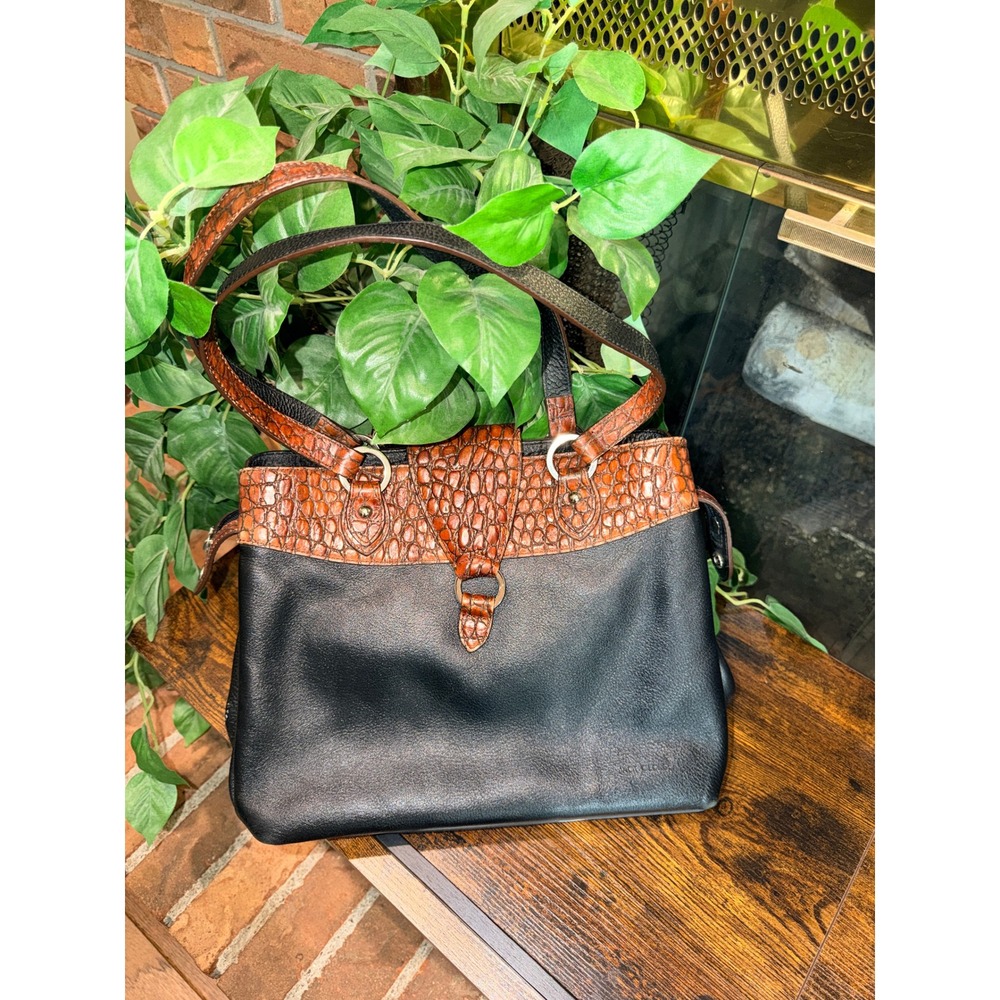 Jack Georges Shoulder Bag Womens Black Brown Leather Croc Trim Y2K Medium